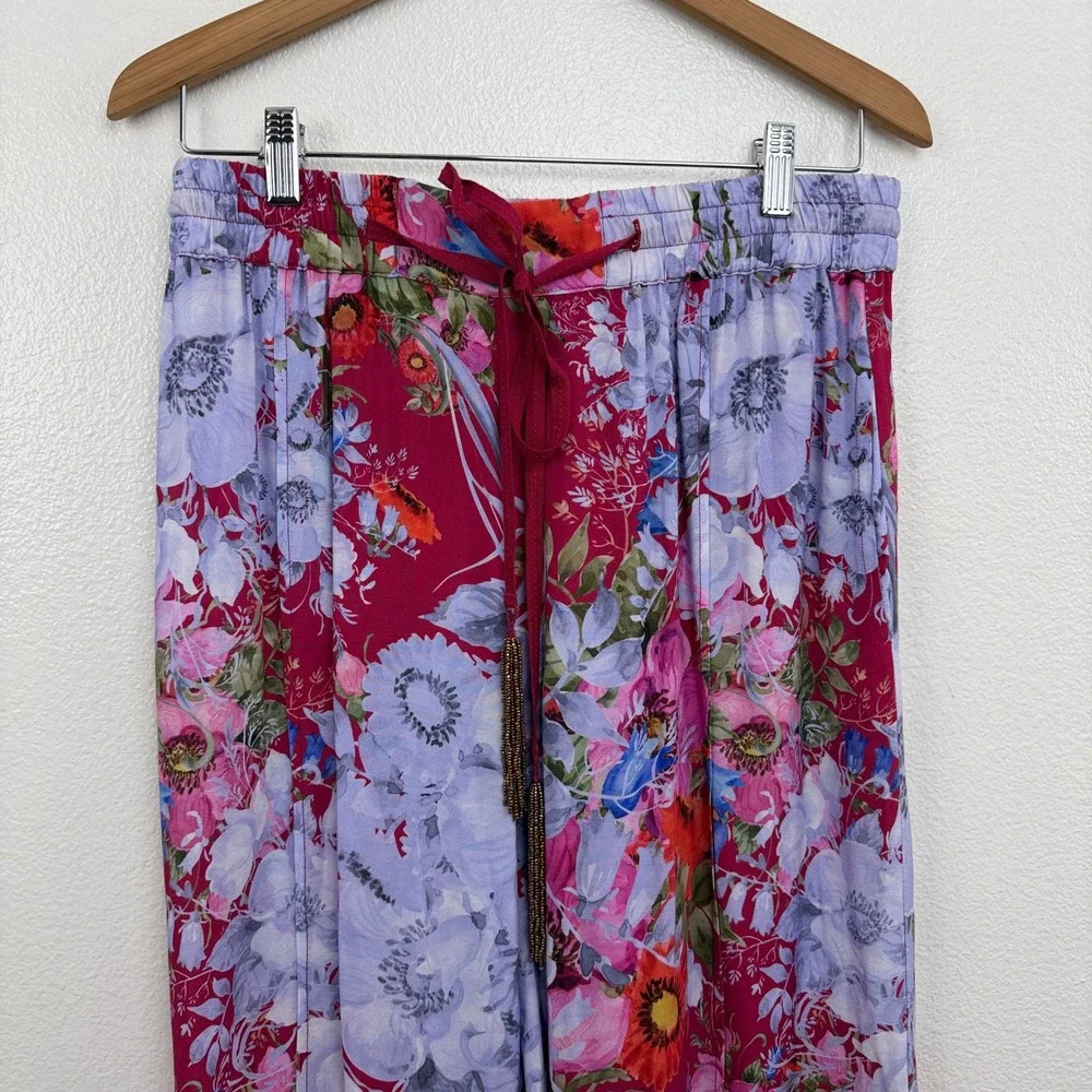 Aratta Silent Journey Pants Womens Small Red Floral Wide Leg Elastic Waist Boho